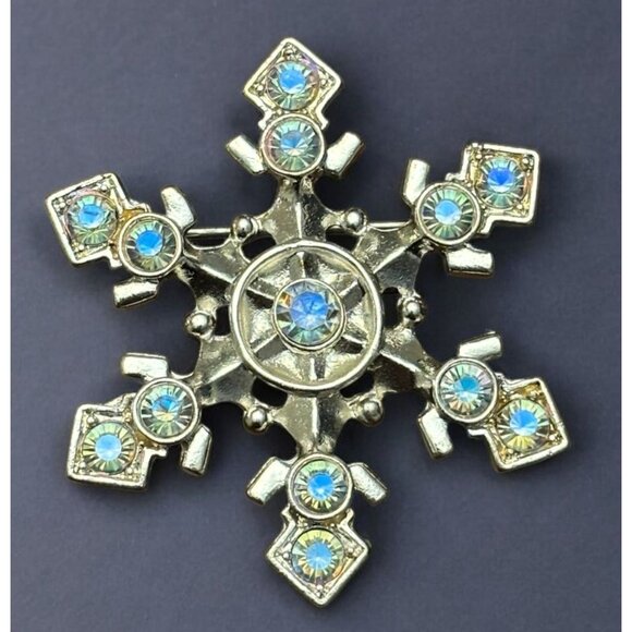 Christopher Radko Snowflake Pin Brooch Blue Rhinestones Silver-Tone Christmas - Picture 1 of 8
